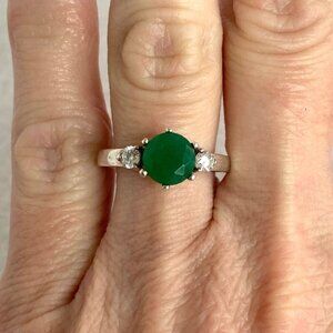 Sterling Silver 925 Round Prong Set Tourmaline & Crystal 3 Stone Ring Sz 6.5